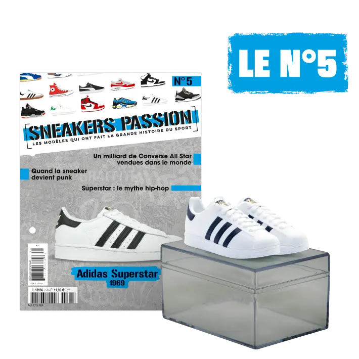 Le N°5 : Les Adidas Superstar + La boîte d’exposition empilable + Le fiches à collectionner 